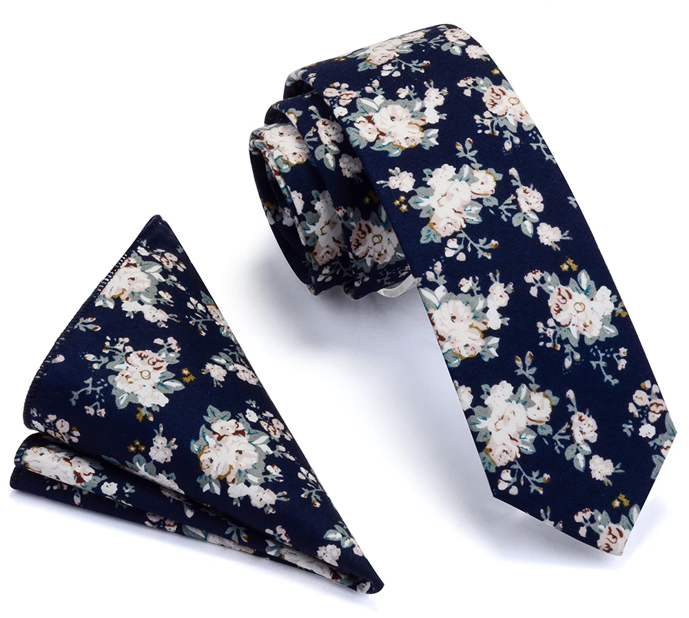 Cotton 6cm Slim Pocket Square Necktie Set Red Bule Floral Print Handkerchief Ties Set For Men Party Skinny Neck Tie Ricnais