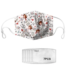 Cartoon Cute Nurse Pattern Women Mouth Mask with 7 Filters Anti Air Dust Mask for Men Reusable Washable