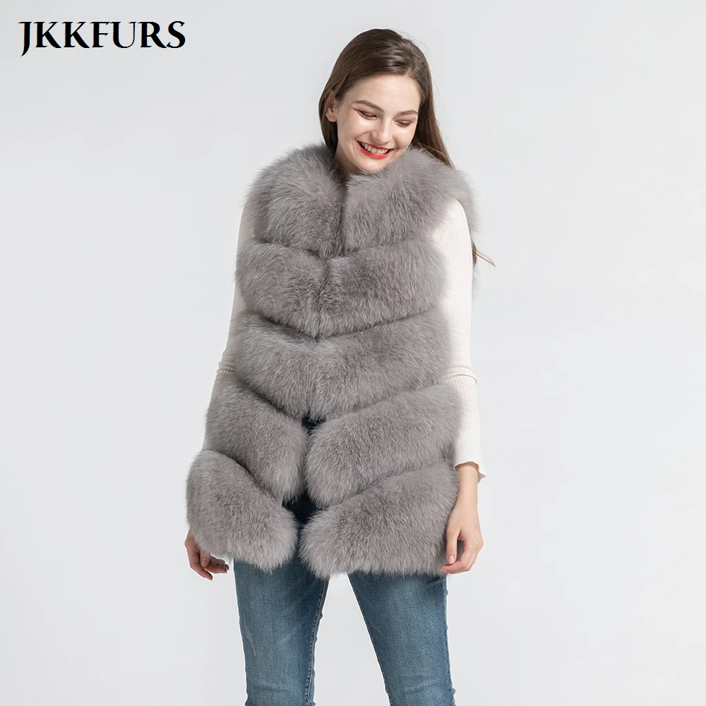 Женский жилет JKKFURS Длинный из натурального меха лисы 5 рядов S1571 зима 2019|Шубы и