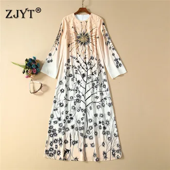 

High Quality Runway Dress 2020 Spring New Fashion Women's Elegant Long Sleeve Vintage Print Loose Long Vacation Dress Casual