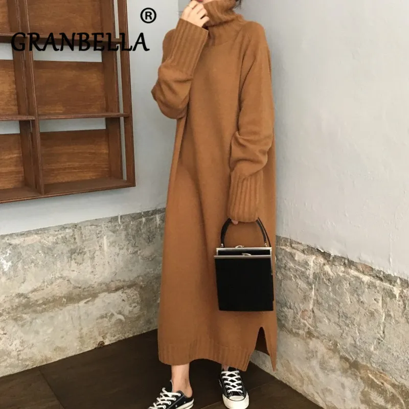 

Autumn 2019 Long Style Knit High-collar Sweater Dress Fashion Pullover Sweater Loose Casual Rice Solid colorThick Sweater Dress
