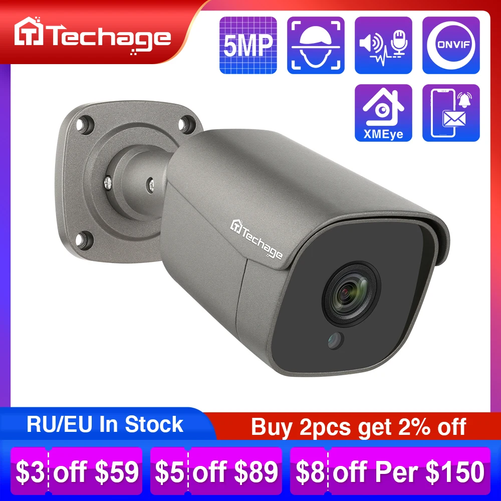 

Techage H.265 5MP FULL HD Security POE IP Camera Two Way Audio AI Camera IR-CUT Outdoor Video Surveillance for ONVIF NVR System