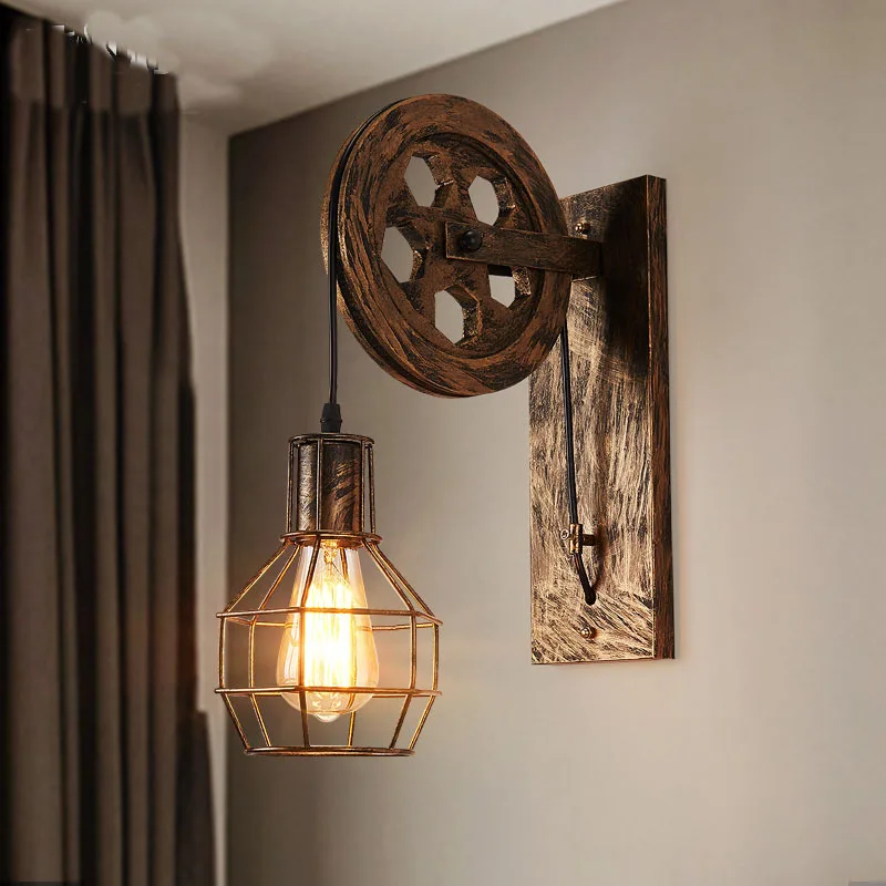 Винтажная настенная+ лампа, светодиодная лампа, настенные бра, ретро настенный светильник, подъемный шкив, лампа для спальни, Американский промышленный зеркальный светильник - Цвет абажура: B Bronze