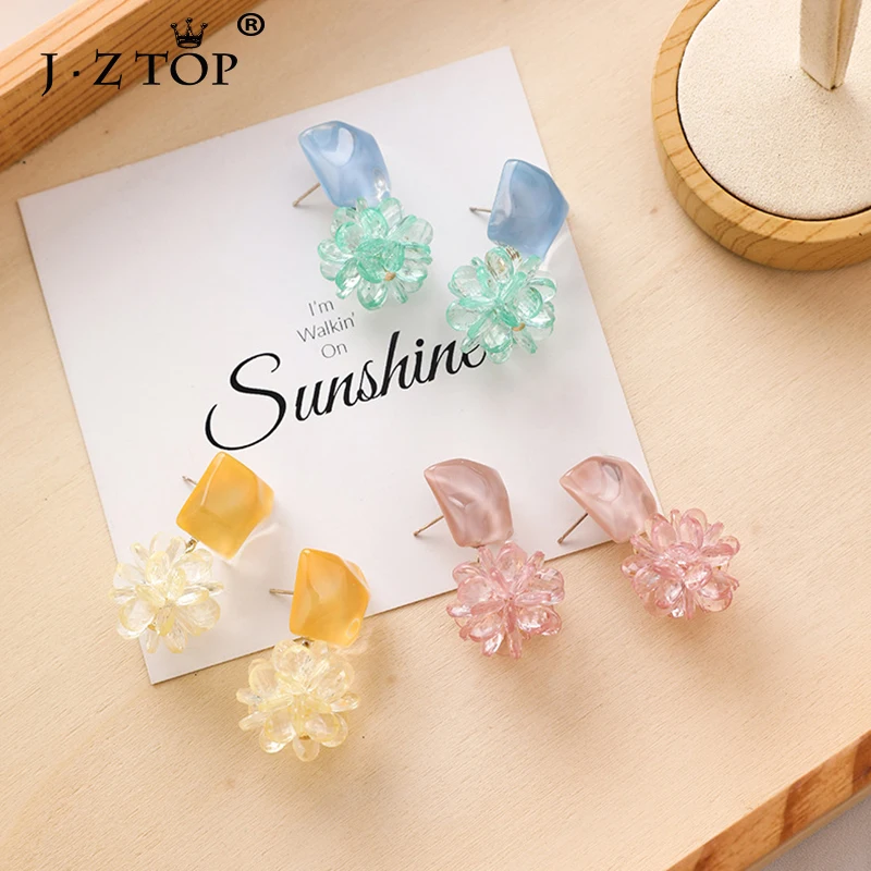 

JZTOP Fashion Irregular Square Crystal Flower Stud Earrings Women Color Transparent Acrylic Three Dimensional Flower Earrings