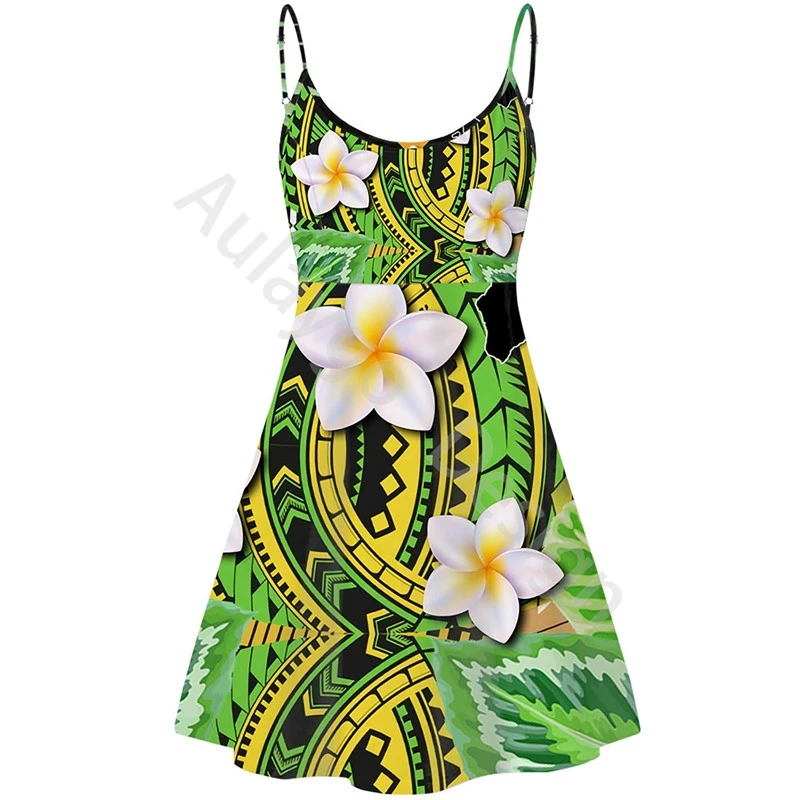 

Plumeria Print Polynesian Design Summer Beach Dress For Women 2020 Trending Fashion Slip Dresses For Custom Vestido Playa Mujer