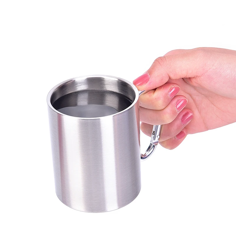 450ml Portable Camping Traveling Outdoor Cup Double Wall Mug With Carabiner Hook Handle Stainless Steel Cup
