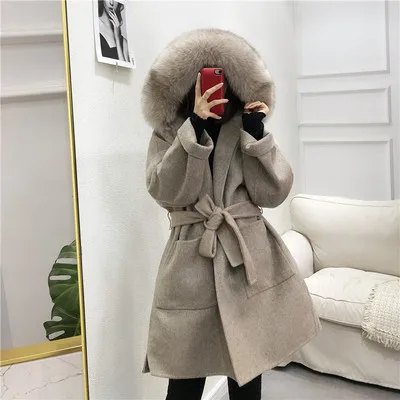 1 Пальто с натуральным мехом для девушек, повседневная верхняя одежда, зимняя куртка для женщин, Воротник из натурального Лисьего меха, капюшон, Кашемировое шерстяное пальто - Цвет: 1