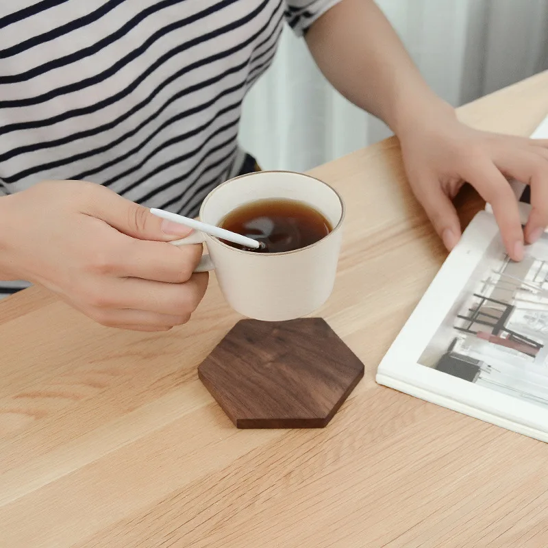 

Hexagonal Black Walnut Tea Trays Natural Wood Tea Cup Coffee Mug Mat Trays Coaster Kitchen Accessories Puer Chahai Wooden Tray