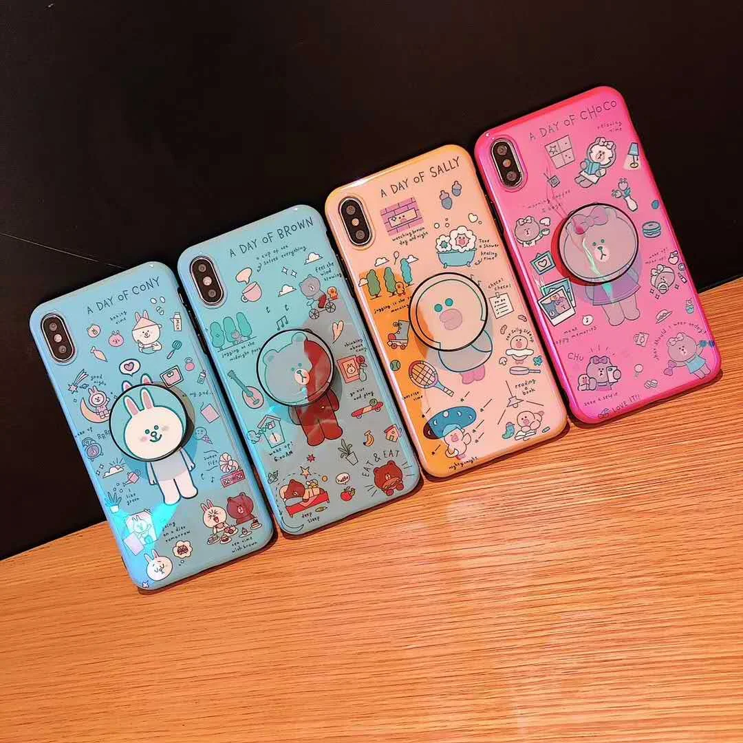 

Cute cartoon bear small yellow duck blue mobile phone case for iphone7 6 6s 8 plus X XR XS MAX bracket soft silicone cover