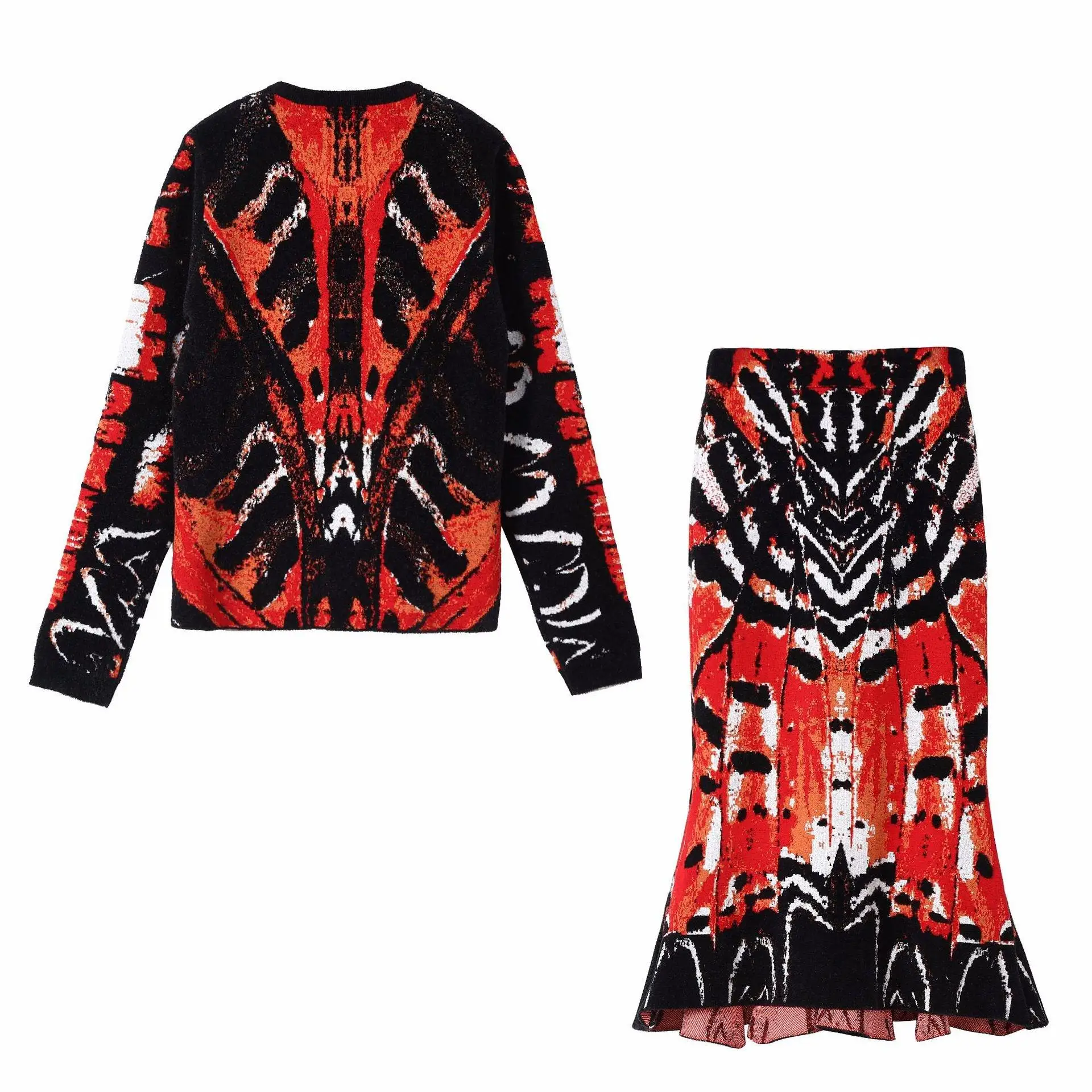 

Winter Elegant Mermaid Knitting Skirt Suit O-Neck Women's Vintage Pattern Print Sweater Two Piece Set