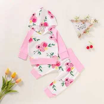 

Infant Spring Autumn Sets Baby Girl Flower Printing Long Sleeve Hoodie Trousers Kids Two-piece Girl Pure Cotton Pullover Clothes