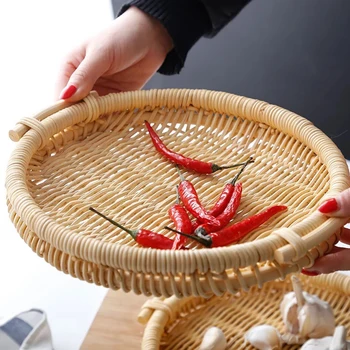 

1 pc Rattan Storage Basket Round Durable Hand-woven Multifunction Serving Tray Bread Basket Container for Dried Fruits Snacks