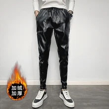 Зимние Бархатные толстые кожаные брюки мужские тонкие теплые модные хип-хоп мотоциклетные кожаные брюки мужские уличные брюки мужские s