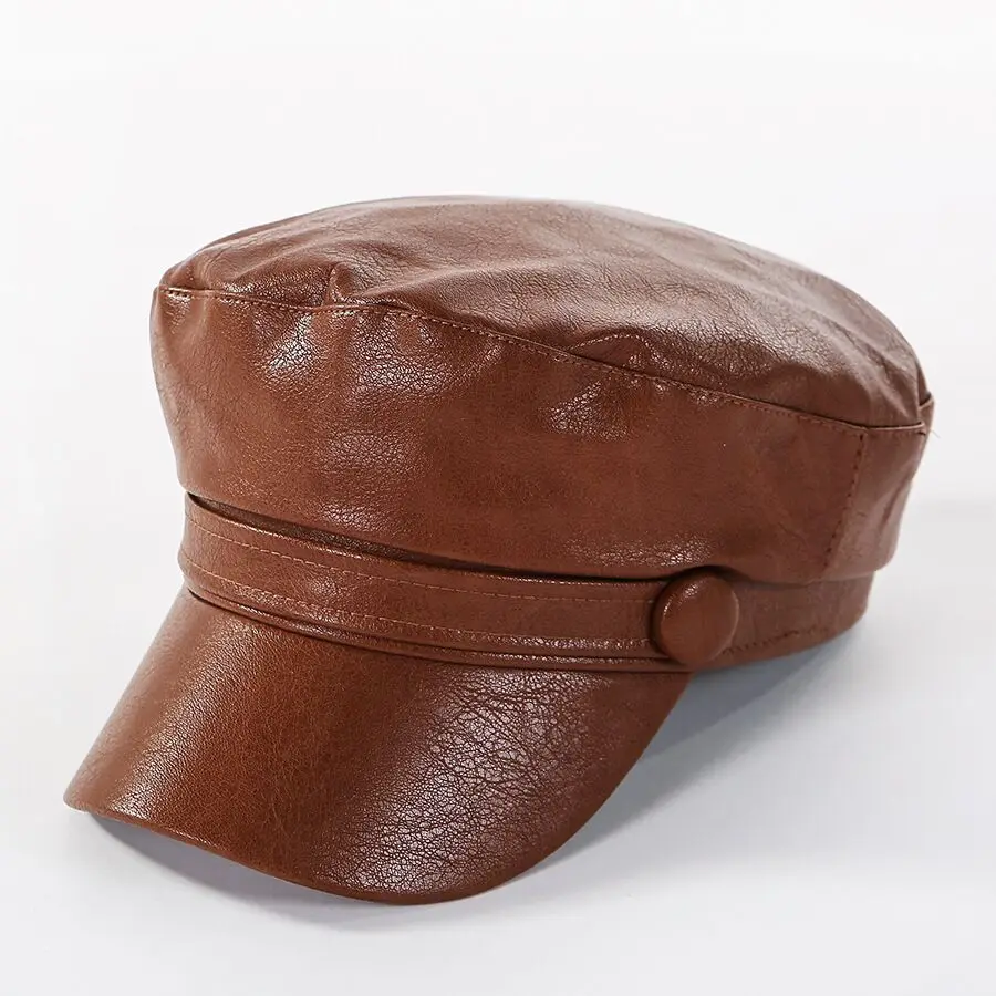 Women Fashion Leather Military Hats Winter Vintage Black Leather Snapback Caps Female Newsboy Hat Casequette Beret Caps