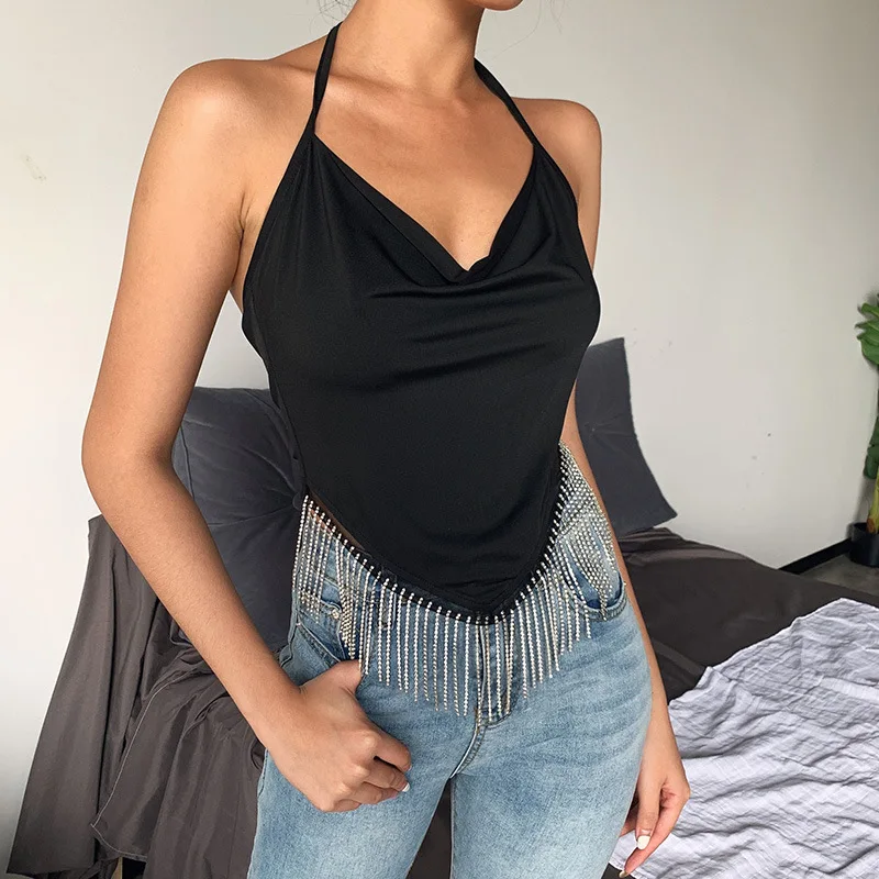 

Women Summer Tassel Halter Tops Sexy Ladies' V-Neck Backless Black Tops Stylish High Low Casual Party Club Women's Wear 2020