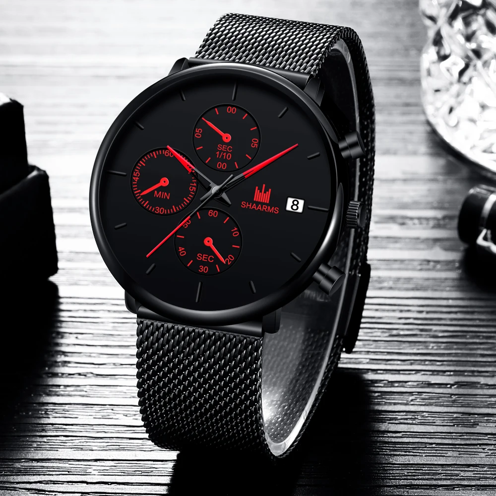 Sharms минимализм часы для мужчин черный сетчатый ремешок нержавеющая сталь кварцевые наручные часы Мода Дата спортивные часы relogio masculino