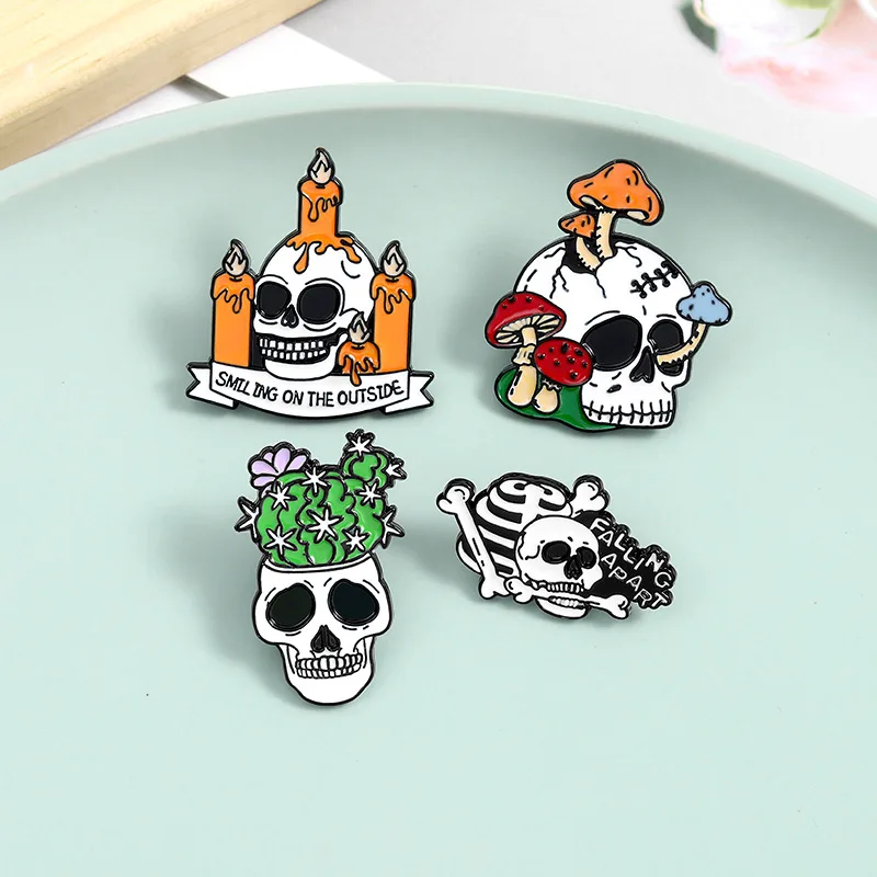 

Lonely Dead Skeleton Enamel Custom Pin Cactus Mushroom Candles Brooches Bag Lapel Pin Punk Skull Dark Badges Jewelry for Friends