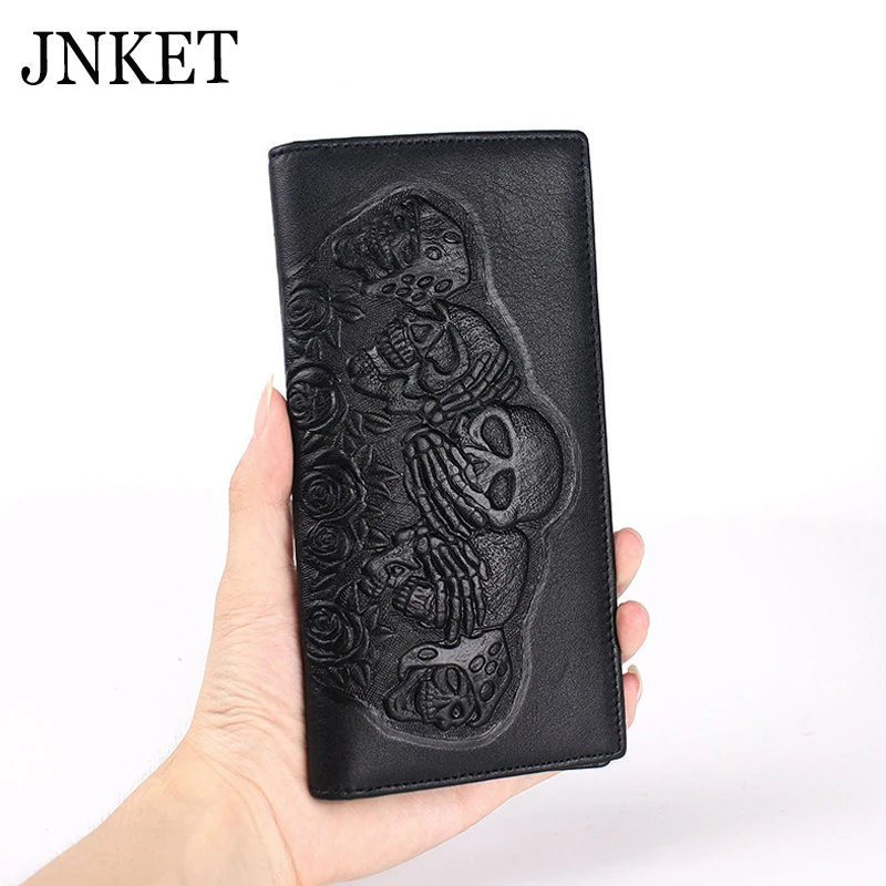 

JNKET Retro Men's Long Wallet Cow Leather Clutch Wallet Billfold Skull Wallet Multi-card Wallet Large Capacity Clutch Bag