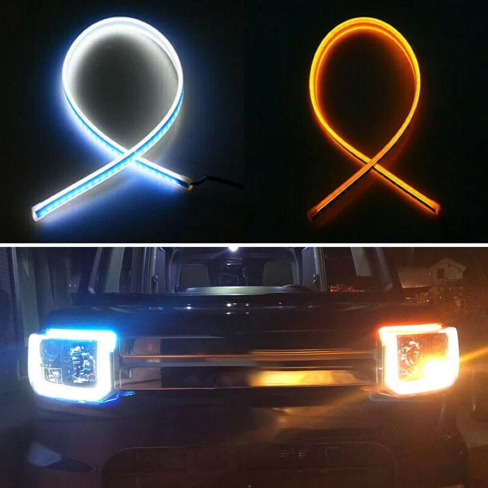 2x ультратонкие автомобили DRL светодиодный дневные ходовые огни белый указатель поворота желтая направляющая полоска для фар в сборе