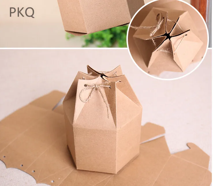 

10pcs 9x11cm Hexagonal Packaging Box Kraft Paper Candy Box with hope Small Gift Box for Pastry Wedding Party Supplies