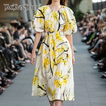 TWOTWINSTYLE, женские платья с рюшами, с круглым вырезом, фонарь, половина рукава, высокая талия, черное платье для женщин, мода, одежда