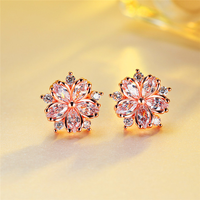 Female Pink Zircon Stone Earrings Gold Silver Color Wedding Earrings Jewelry Cute Flower Small Stud Earrings For Women