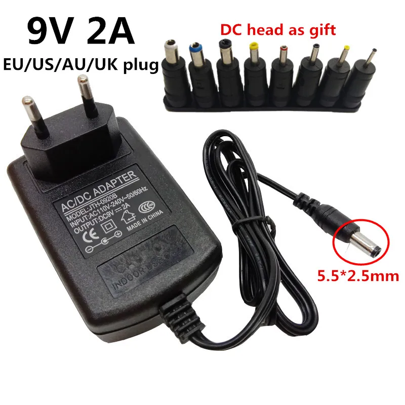 Универсальный ЕС AU Великобритания США штекер 9V2A AC/DC источник питания адаптер питания штекер DC 9 вольт 2000 мА DC Swiching 110 В 220 В до 9 в 2A dc5.5мм