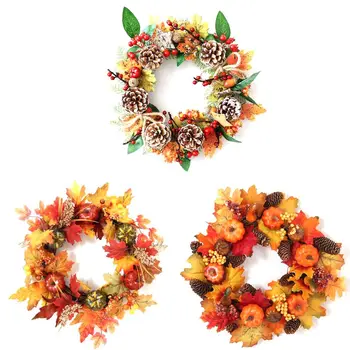 

Halloween Pine Garland Decorated Doors Wreath Fall Maple Leaves Natural Artificial Pumpkin Berry Christmas Decor