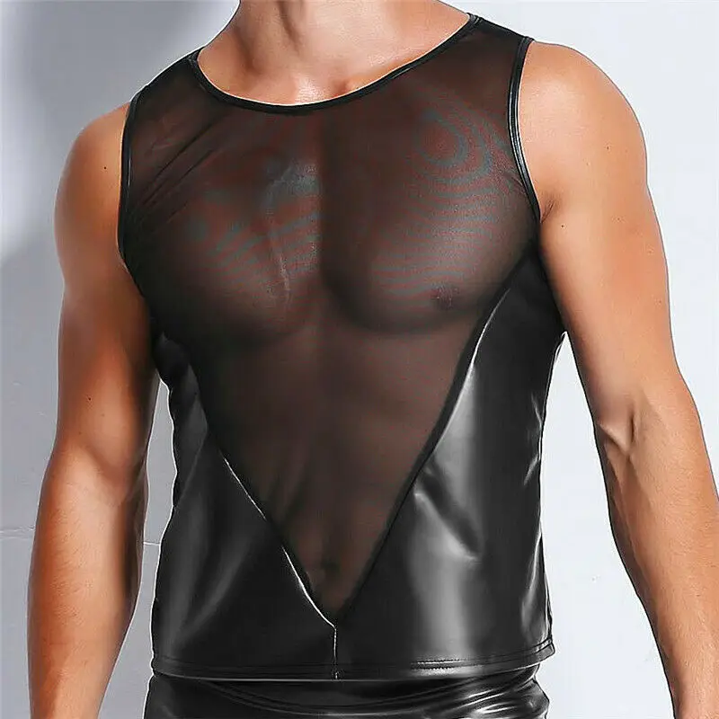 

Mens Tanks Tops Mesh PU Leather Patchwork Sexy Transparent Lingerie Clubwear Tops Male Sexy Fitness Vest Gay Undershirts XXL