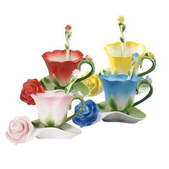 

Best 3D Rose Shape Flower Enamel Ceramic Coffee Tea Cup and Saucer Spoon High-grade Porcelain Cup Creative Valentine Gift Design