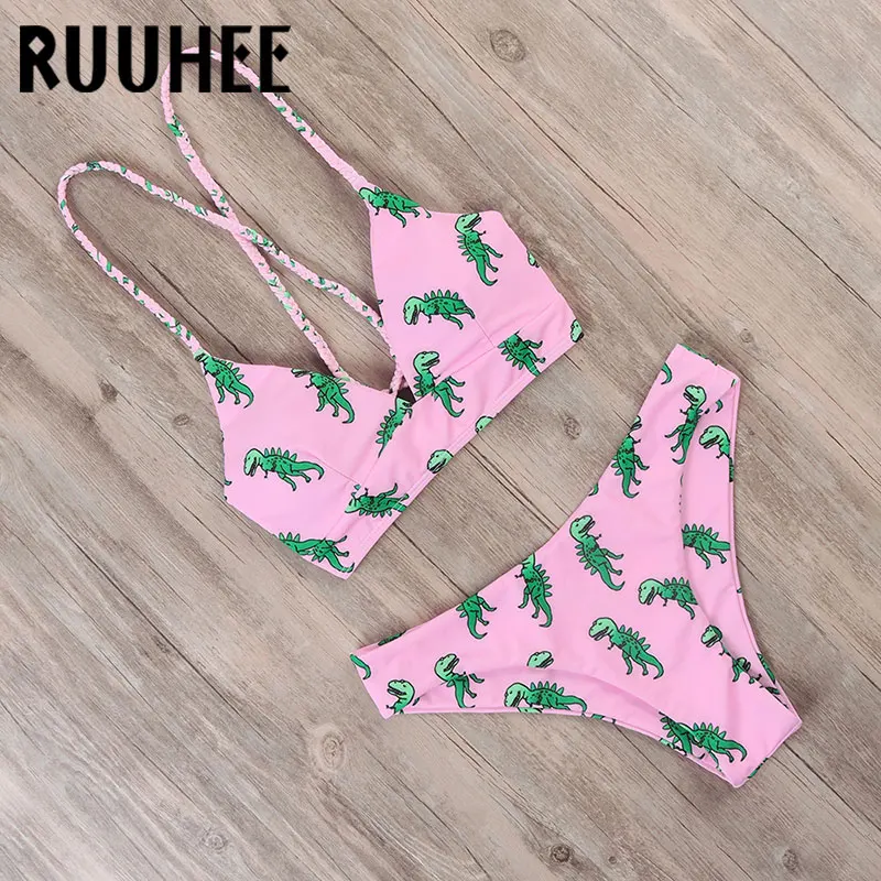 RUUHEE Tie Dye бикини, женский купальник, пуш-ап, купальник с принтом динозавра, купальник, бандаж, сексуальный летний купальник для женщин