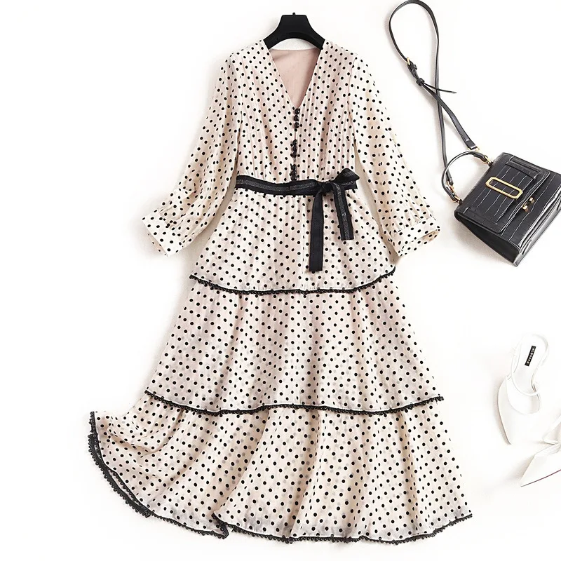 

Cascading Ruffle Dot Dress 2020 New Vintage Fit and Flare Mid-Calf V-Neck Dresses for Adult Women Ceremony Dresses