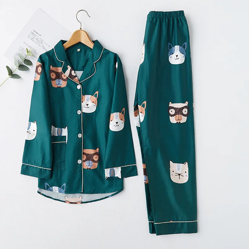 

2 Piece Cartoon Cat Printed Pajamas Women Set Long Sleeve Top Pants Sleepwear Female Spring Autumn Casual Cute Ladies Homewear