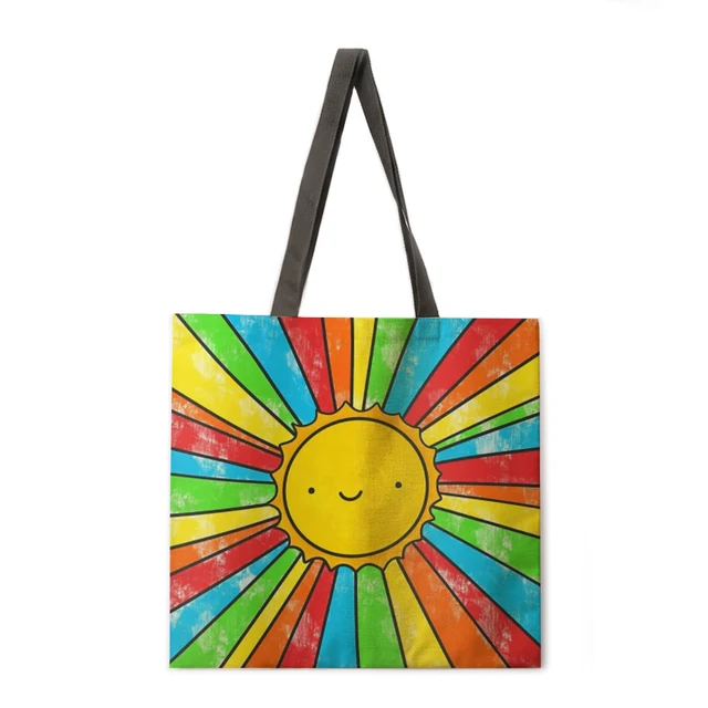 Ladies Shoulder Bag Rainbow Stripe Printing Casual Handbag Linen Fabric Handbag Reusable Shopping Bag Foldable Beach Bag Handbag 9