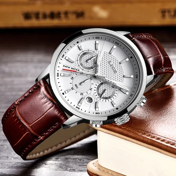 

LIGE Brand Leather Brown Strap Waterproof Luminous Dial Chronograph Top Luxury Quartz Military Sport Men's Watch Reloj Hombre