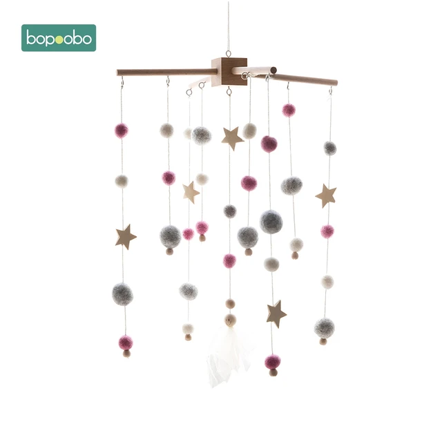 Bopoobo 1set Silicone Beads Baby Mobile Beech Wood Bird Rattles Wool Balls Kid Room Bed Hanging Decor Nursing Children Products Pink Star