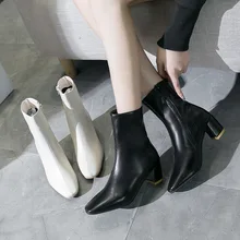 Модные кожаные ботильоны; женские ботинки на молнии на Высоком толстом каблуке; женская обувь с острым носком; сезон осень-зима; элегантные женские туфли-лодочки; K11-29