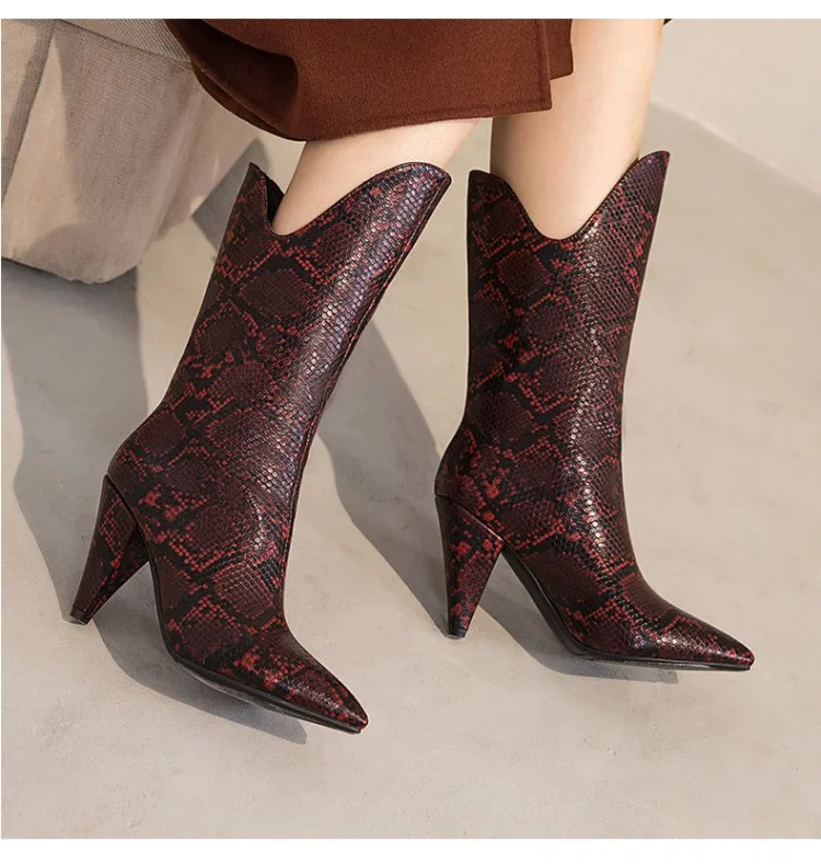 Snake Skin Pu Spike Heels Mid-Calf Boots Women High Heels Booties Female Party Shoes Ladies Pointed Toe Shoes Women Winter