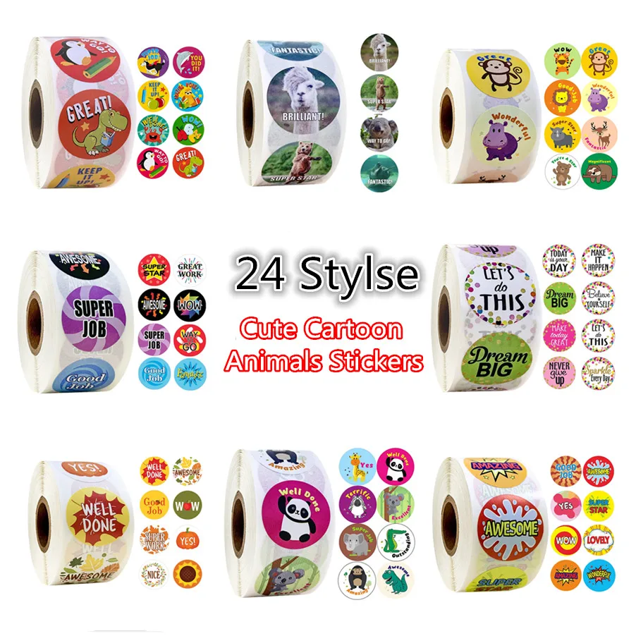 24 Styles 500pcs/roll 1Inch Cute Cartoon Animals Stickers Journal Scrapbooking Teacher Encouragement Reward Sticker for Children afbeelding