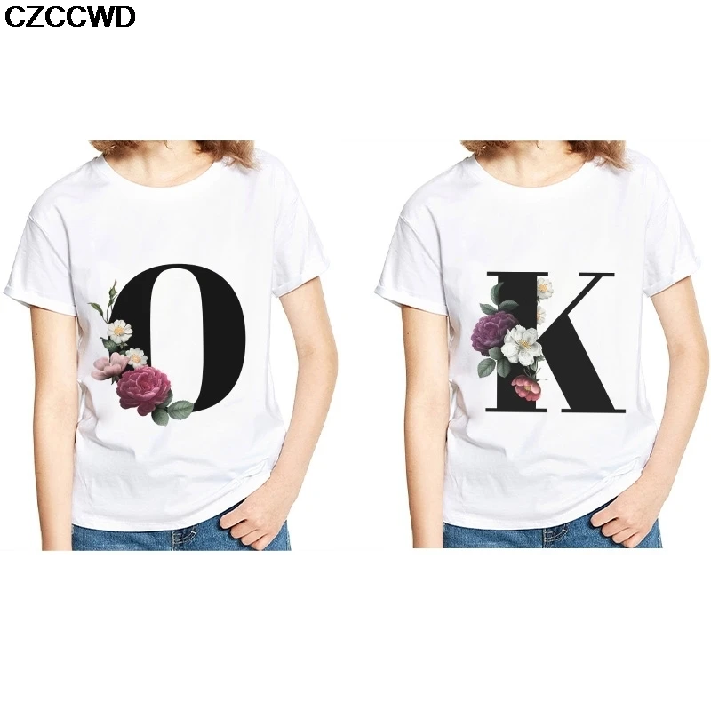 Summer Ulzzang Harajuku Fun Bouquet Of 24 English Letters Print Short Sleeve T Shirt Big Size Loose Vintage Casual Women T-Shirt
