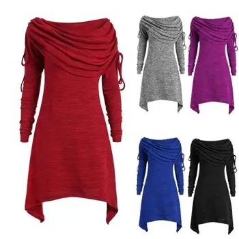 

Hot Plus Size Women Solid Color Heap Collar Irregular Hem Long Sweatshirt Mini Dress
