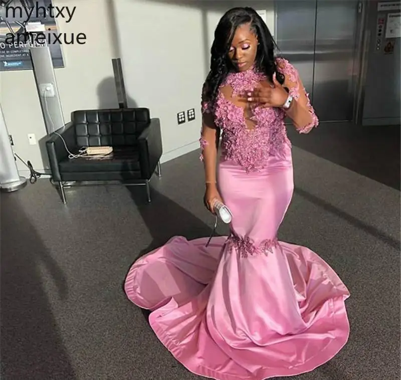 

2019 sexy Pink Prom Dresses South African Black Girls Long Sleeves Formal Evening Party Gowns Custom Made Plus Size Prom Elegant
