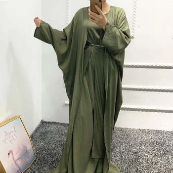 3pcs Muslim Abaya Sets Dress Kimono for Women Fashion Long Inner Dress with Open Abaya Kaftan Wrap Skirt Dubai Islam Clothes 1
