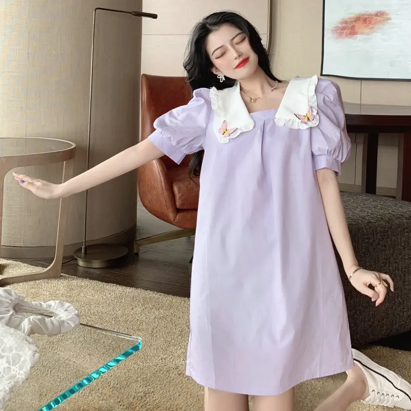 

Preppy Style Girls Summer Violet Colour Dresses Short Puff Sleeve White Pater Pan Collar Butterfly Pattern Loose Shirt Dress New