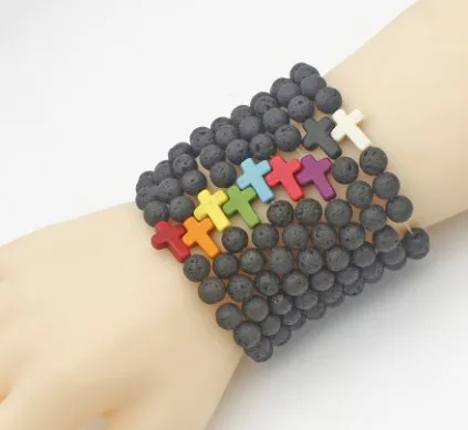 8Mm Black Volcanic Lava Stone Vv3435 Cross Red Blue Red Turquoise Yoga Elastic Thread Adjust Bead Stone Bracelet Bangles