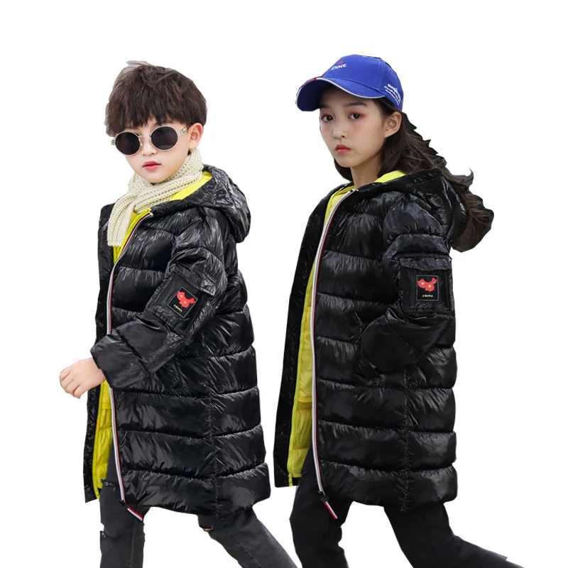 Лидер продаж года; детская куртка с хлопковой подкладкой серебристого цвета для мальчиков и девочек Длинная зимняя детская одежда для мальчиков и девочек - Цвет: black