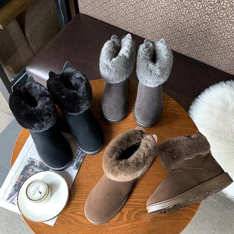 Женские ботинки; зимние женские Повседневные слипоны с натуральным лисьим мехом; брендовые теплые зимние ботинки с круглым носком на плоской подошве; женские ботинки; пинетки Mujer; T231