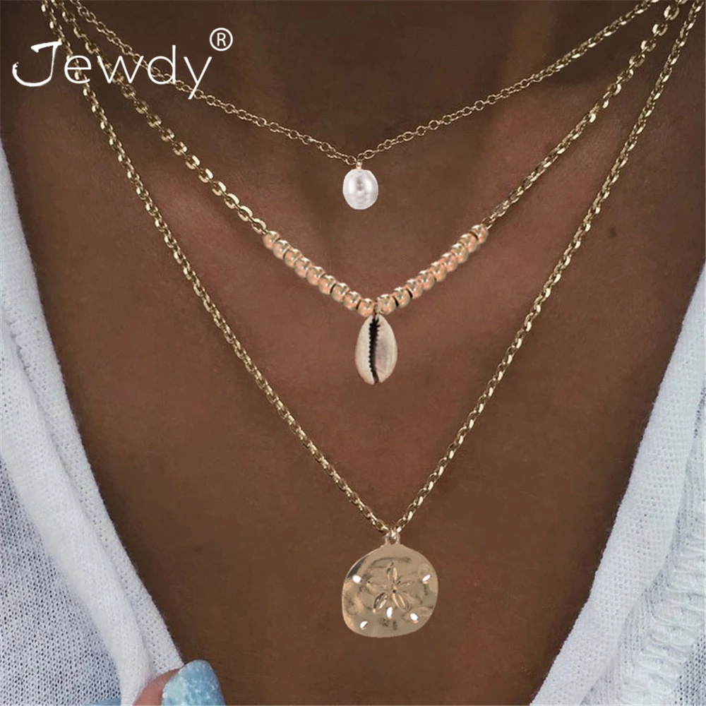 

3 Pcs/set Bohemian Pearl Shell Multi layer Pendant Necklaces for Women Fashion Golden Geometric Charm Chains Necklace Jewelry