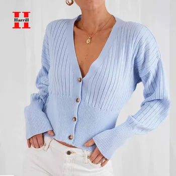 

Casual Single Breasted Sweater Women Clothing Tops Slim Knitted Long Sleeved Outwear Women's Streetwear V-neck Solid Sweater
