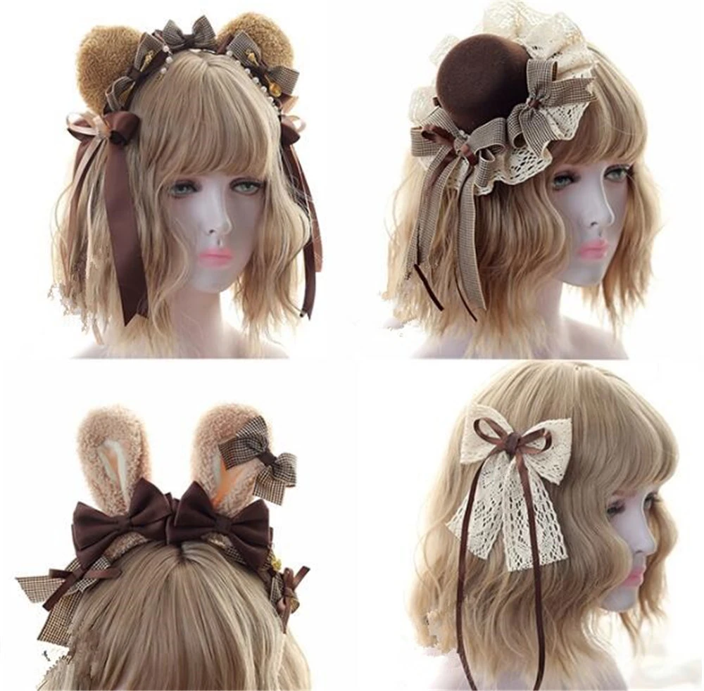 レトロロリータクマウサギ耳カチューシャ Kc ヘアピンバンドクマティラミスヘアアクセサリーレースの弓のサイドクリップ B913 Costume Accessories Aliexpress